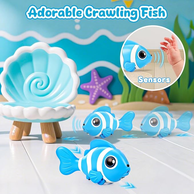 Crawling Fish Baby Toys, Novelty Tummy Time Toys for Babies 6-12 Months, Magic Swinging Fish Music Crawling Toys for Infant Toddler 12-18 Learning Crawl Walking Dancing 1st Valentines Days Gift