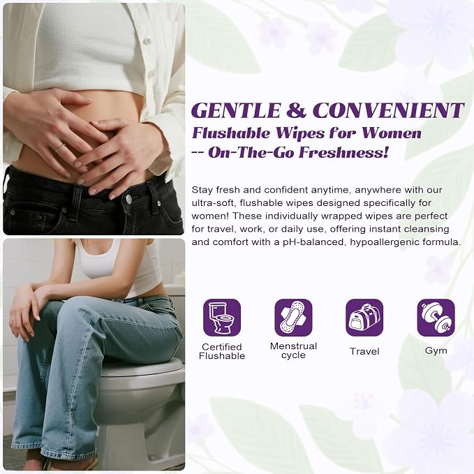 twoworld 50 Feminine Wipes Individually Wrapped,Flushable Wipes Travel | Feminine Care Vaginal Wipes for Adult,Women,Girl and Homeless(Lavender)