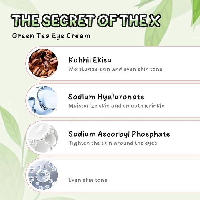 AKARY Green Tea Under Eye Cream with Triple-roller Massage, Advanced Formula with Kohhii Ekisu, Moisturizing, Firming, Smooth Wrinkle, Tighten skin, Even Tone for Dark Circles & Bags, Fine Lines
