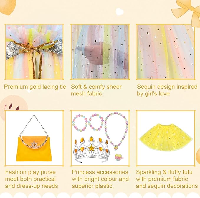 Meland Princess Dress up Clothes for Girl, 11Pcs Princess Cape with Kid Crown Toys,Dresses for Girl 3,4,5,6,7,8 Birthday Gift
