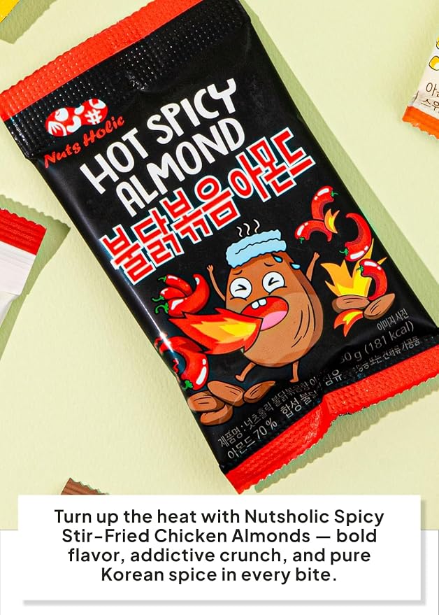 Korean Food Nuts Holic Hot & Spicy Almond, Korean Seasoned, Snack Mix, 8Pk | Hot and spicy Korean-style seasoned almond snack in convenient individual packs