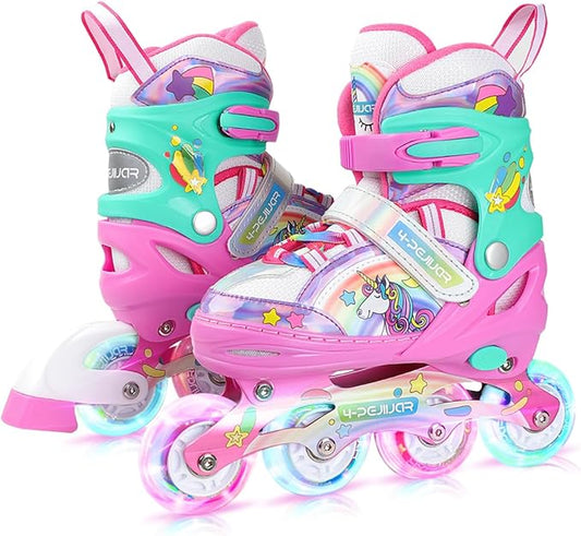 Unicorn Rainbow Inline Skates for Girls Teens Womans,4-Pejiijar Roller Skates for Girls Ages 6-8-12 w/Luminous Wheels,Kids Adjustable Roller Shoes for Birthday Xmas Gifts