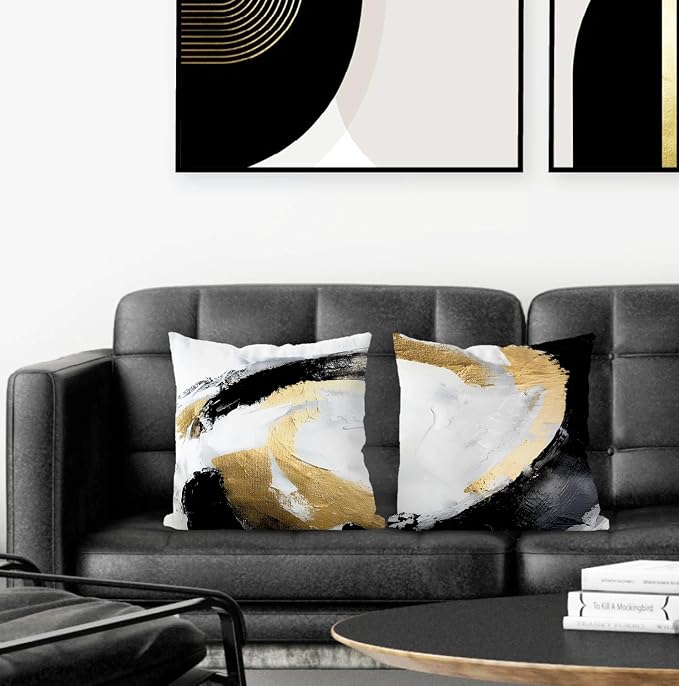 Abstract Black White and Gold Pillow Covers 20x20 Set of 2 - Modern Pillow Covers, Modern Home Decor, Black and Gold Decorative Pillows Cover for Couch Living Room Bedroom