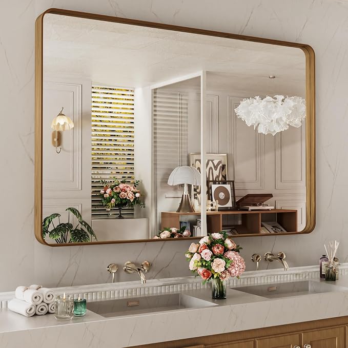 LOAAO 55X30 Inch Bathroom Mirror with Wood Grain Colored Metal Frame | Rounded Rectangle Metal Framed, Anti-Rust, Hangs Horizontally or Vertically, Tempered Glass