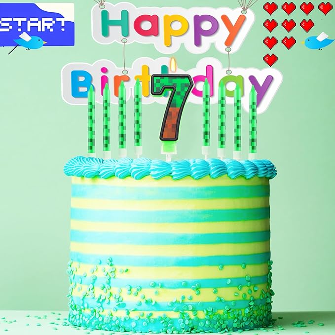 Pixels Themed 7th Birthday Candle, Pixels Cake Topper for Boys Girls, 9 Pcs Candle Set, Game Cartoon Theme Birthday Party Supplies (Number 7)
