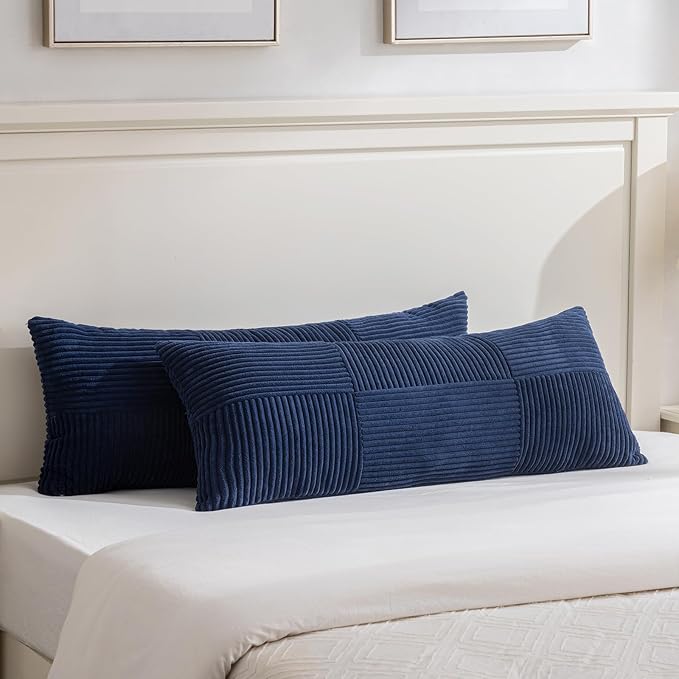 Fancy Homi Set of 2 Navy Blue Boho Long Lumbar Body Decorative Throw Pillow Cover 14x36 Inch for Bed Couch Bedroom Bench, Soft Patchwork Corduroy Textured Pillow Case, Rustic Farmhouse Room Décor