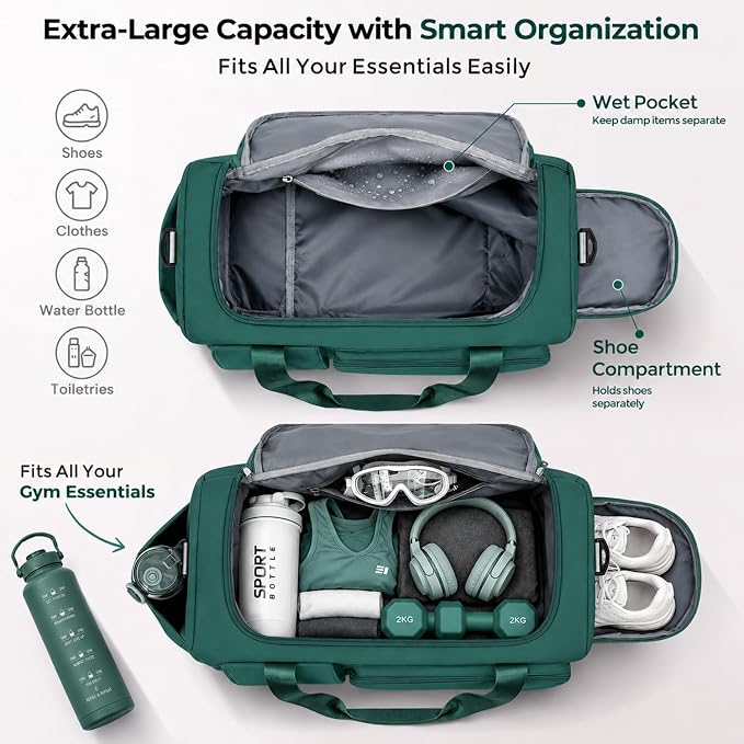 FIORETTO Women's Gym Duffle Bag with Shoes Compartment, 30L Capacity, Ideal for Travel, Gym, Sports, Duffel, Weekender