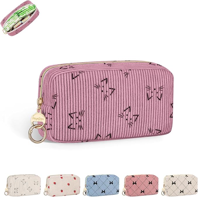 Corduroy Tampon Holder for Purse, Cute Period Bag with Ring Buckle, Portable Tampon Bag Organizer Case for Feminine Products (Cats-Pink)