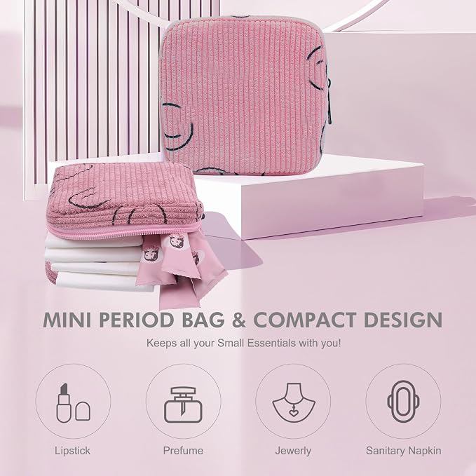 Sanitary Napkin Storage Bag, Corduroy Period Bag for Women, Cute Portable Period Pouch with Zipper, Sanitary Pads Bag Tampons Holder for Purse, First Period