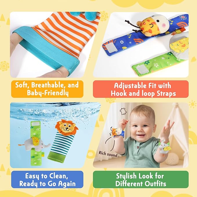 URMYWO Wrist Rattles for Baby - Rattle Socks - Foot Finder Set - Baby Toys for 0-12 Months Infant - Newborn Essentials - Early Learning Sensery Toys for Boys and Girls as Shower Gifts Valentines Gifts