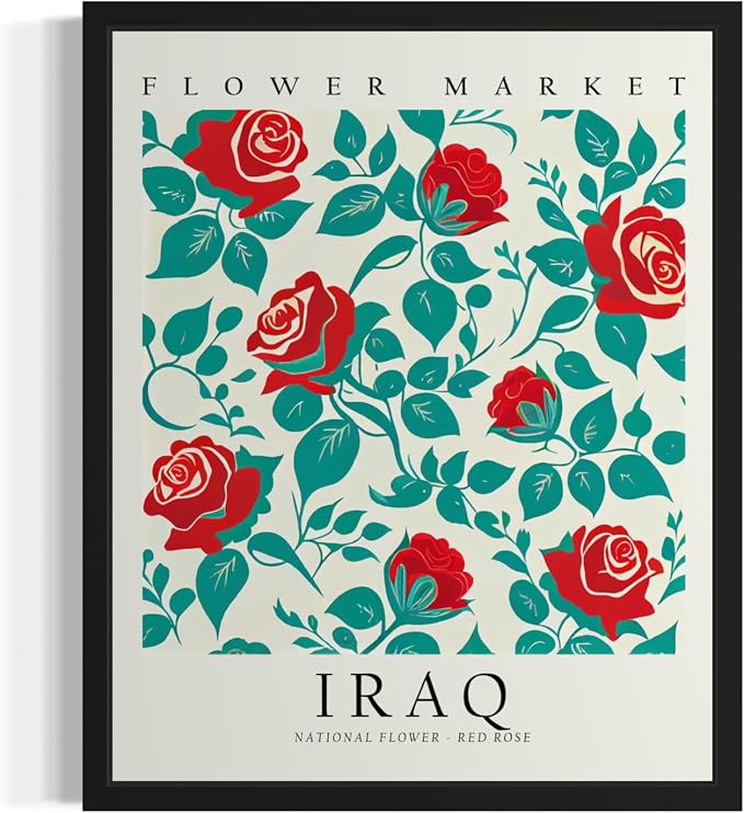 Iraq, Red Rose Art Print Poster, Flower Market Wall Art, Floral Artwork Decor for Bedroom, Kitchen, Bathroom, Livingroom Decoration 52 (Iraq, Red Rose, 10"L x 8"W, Black Frame)