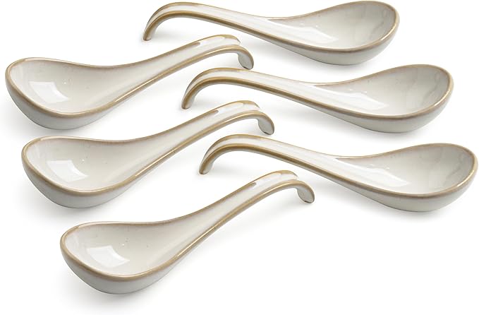 LYEOBOH Asian Soup Spoons, 6.5 inch Ceramic Soup Spoon Set of 6, Dinner Spoons with Deep Hook for Home, Kitchen, Dishwasher & Microwave Safe, Farmhouse Style, Beige