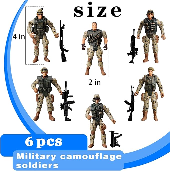 Military Soldier Action Figures, 6Pcs Military Soldier Toys for Boys 3 4 5 6 7+ Year Old, 4-Inch Toy Figure & Playsets with Weapon Accessories, Cake Topper