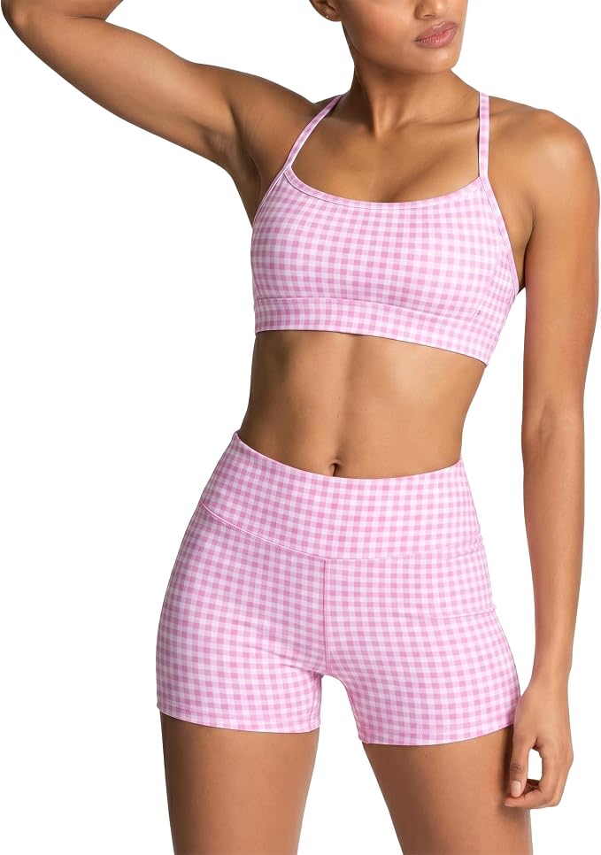 ABOCIW Workout Sets for Women 2 Piece Color Block Strappy Sports Bra High Waist Shorts Gym Yoga Pilates Outfits