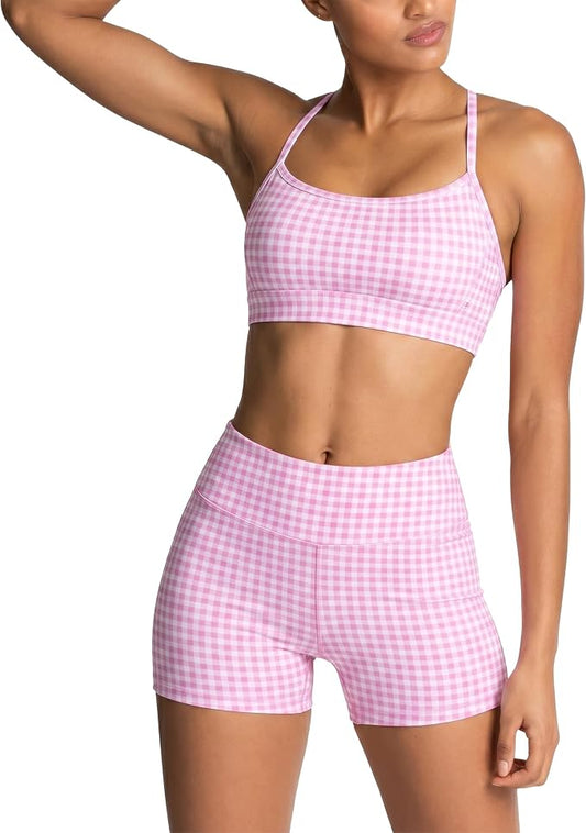 ABOCIW Workout Sets for Women 2 Piece Color Block Strappy Sports Bra High Waist Shorts Gym Yoga Pilates Outfits