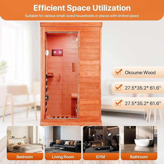 OUTEXER Far Infrared Sauna Home Sauna Spa Room Low-EMF Wood 1200W Indoor Saunas with 7 Color Light Tempered Glass Door, Room:35.2 * 27.6 * 61.6Inch