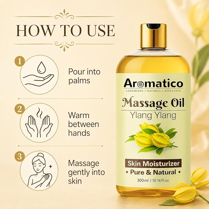 Aromatico Ylang Ylang Massage Oil 10.1 fl oz – Floral Body Oil for Relaxation & Skin Nourishment – Lightweight, Non-Greasy, Fast Absorbing Massage Oil for Spa & Daily Use