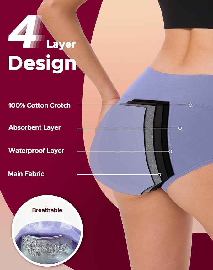 INNERSY Period Underwear for Women High Waisted Leak-Proof Postpartum Menstrual Panties 3-Pack