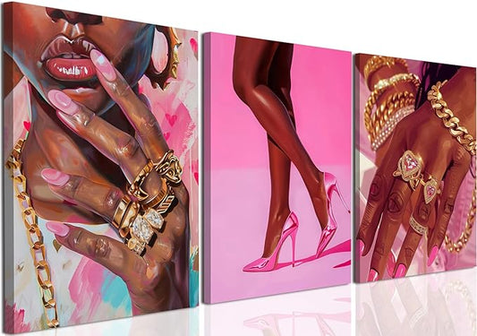 Black Girl Wall Art Set of 3 Pink Fashion Black Woman Canvas Wall Decor Pictures African American Women Paintings Home Decor Posters Prints for Living Room Bedroom Bathroom 12x16Inch Framed