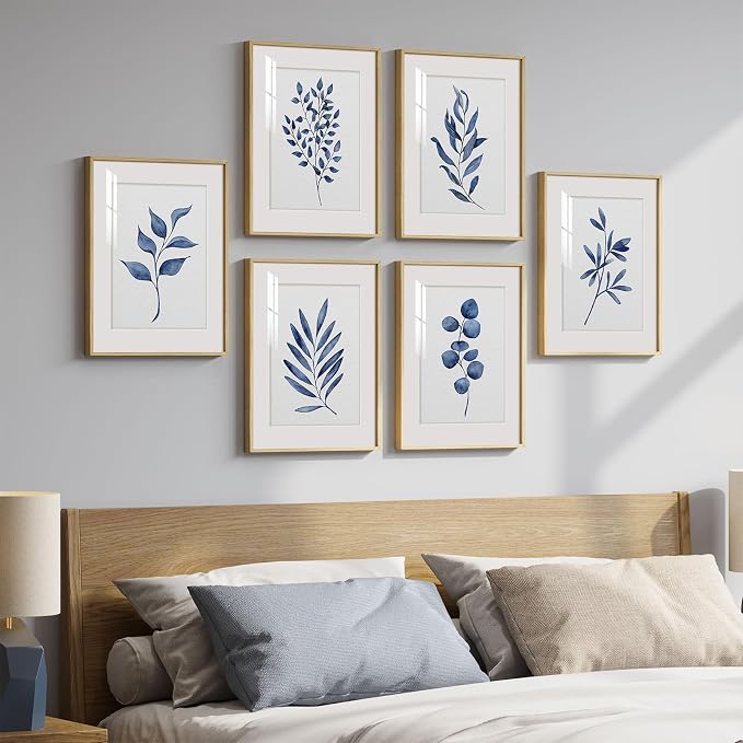 Framed Minimalist Blue Botanical Wall Art for Living Room, 6 Piece 11x14 In | Watercolor plant pictures, Plexiglass with mat prints, Leaf wall decor, Contemporary home decor, Bedroom office artwork