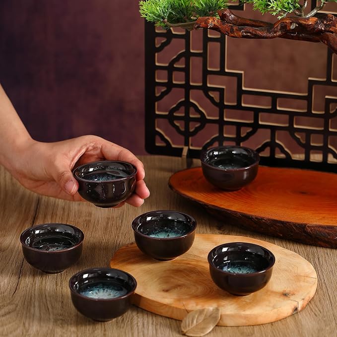 Skyley 6 Pieces Korean Soju Shot Glasses Sets Porcelain Cups Korean Ceramic Cups Tea Accessories Drinkware, Handcrafted Ceramic(Dark Brown,Sand Gold Pattern)