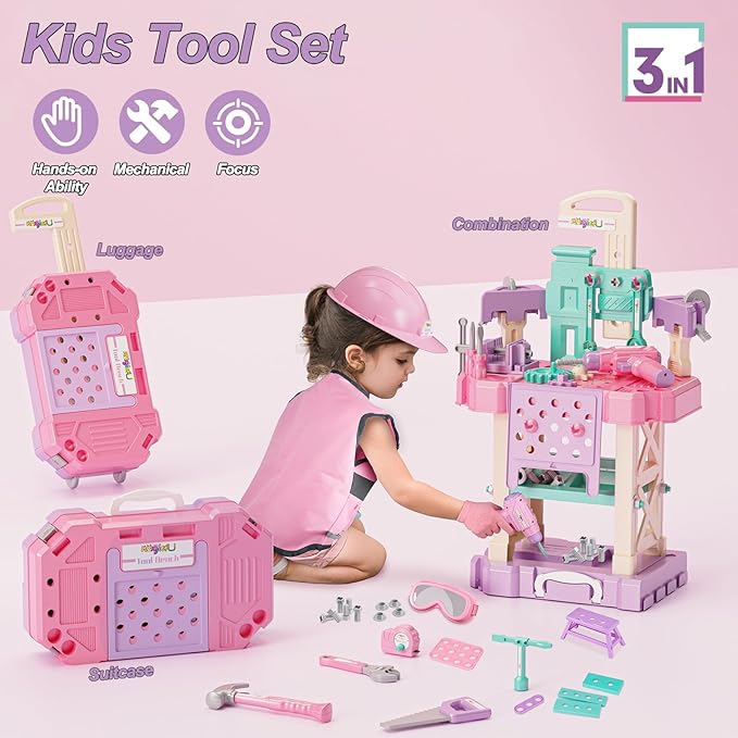 Magic4U Kids Tool Bench Set, 89PCS Toddler Tool Workbench with Electirc Drill 12 Tools Equipement,Safety Vest & Hat,Pretend Play Kids Construction Toys Gift for Girls Boys Age 3,4,5,6,7,8