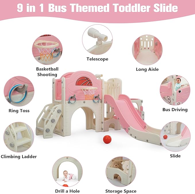 NYEEKOY 9 in 1 Toddler Slide, Bus-Themed Kids Slide and Climber Playset with Basketball Hoop, Ring-Toss, Car Playhouse, Toy Telescope, Freestanding Indoor and Outdoor Playground for Baby Age 3+
