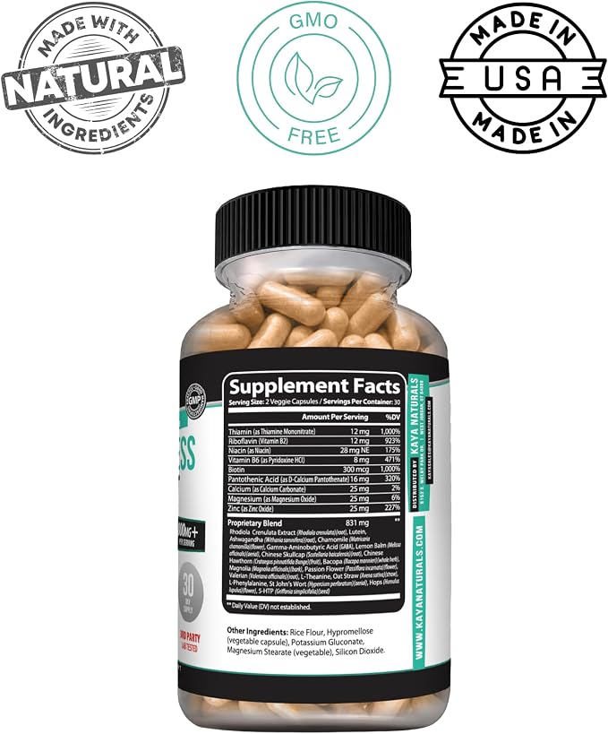 Kaya Naturals - Natural Herbal Stress Support Vitamin Supplement to Relax and Calm the Mind - Boost Mood - Happy Pills - Stress Relief Support - Vitamin Supplement - 60 Capsules