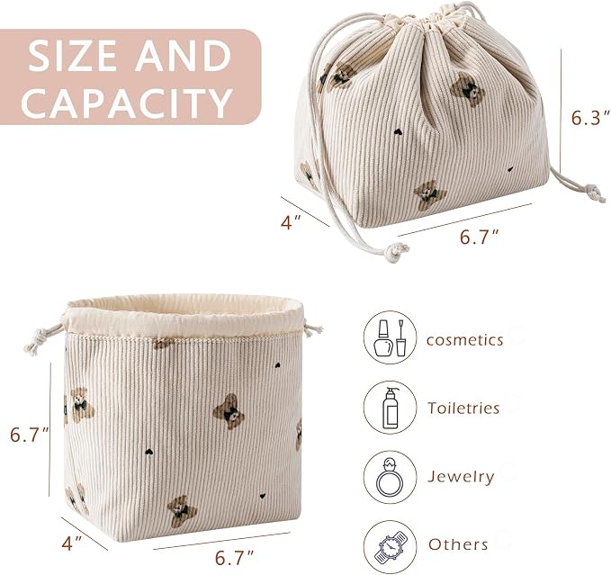 RSRSLEII Aesthetic Corduroy Drawstring Makeup Bag, Cute Coquette Drawstring Cosmetic Bag with Canvas Lining, Bear Pattern Travel Makeup Organizer Case for Women Girls (04 Light Taupe)