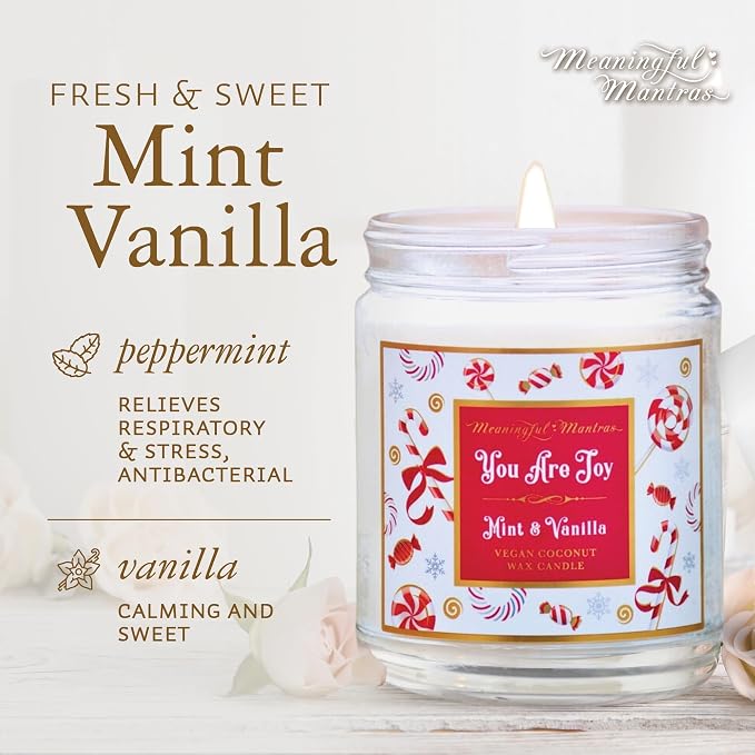 Holiday Mint & Vanilla Candy Cane 8oz Aromatherapy Candle You are Joy | Real Essential Oils | Coconut Wax