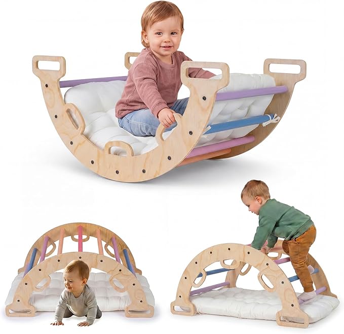 Costzon Wooden Rocking Climbing Arch w/Cushion, 3-in-1 Montessori Kids Climber Rocker for Toddlers, Playground Climbing Ladder Toy, Indoor Gym Learning Playset for Boys Girls Ages 1+ (Multi-Color)