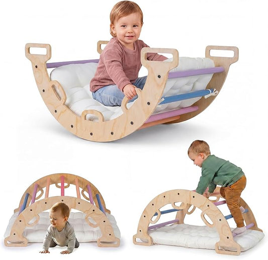 Costzon Wooden Rocking Climbing Arch w/Cushion, 3-in-1 Montessori Kids Climber Rocker for Toddlers, Playground Climbing Ladder Toy, Indoor Gym Learning Playset for Boys Girls Ages 1+ (Multi-Color)