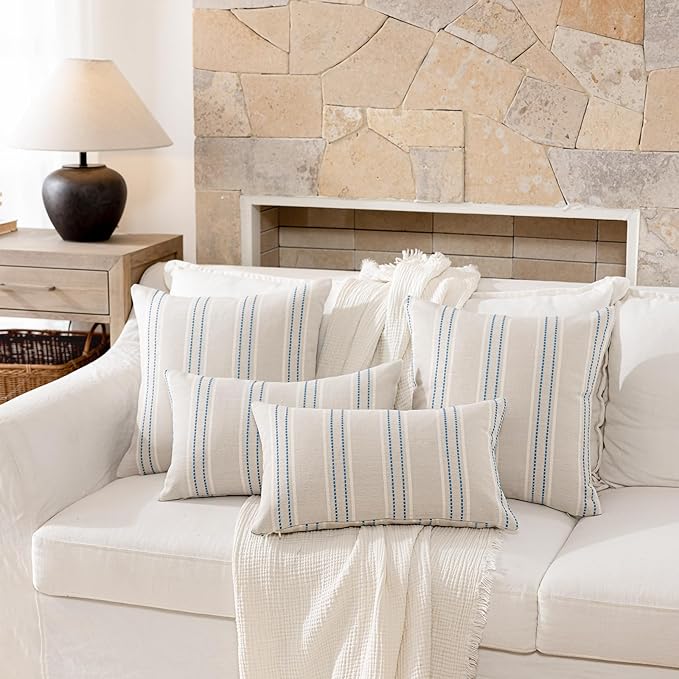 Hckot Striped Throw Pillow Covers 22x22 Set of 2 Lake Blue Pillow Covers | Farmhouse Decorative Pillows Textured Linen Square Cushion Covers for Sofa Couch Bed Living Room Decor(Lake Blue)
