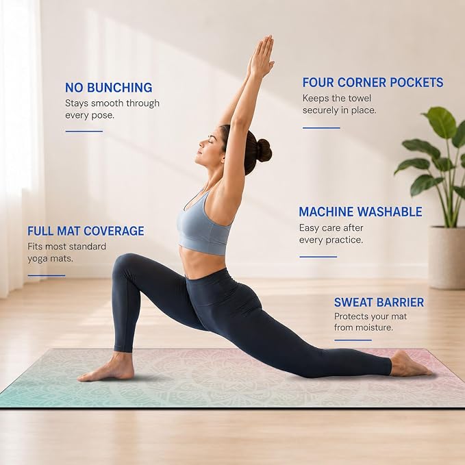 Yoga Mat Towel, Hot Yoga Non Slip with 4 Corner Pockets, 74 x 26 in | Soft Absorbent Microfiber With Four Corner Pockets, Fits Over Yoga Mats For Hot Yoga, Pilates, Gym, And Travel
