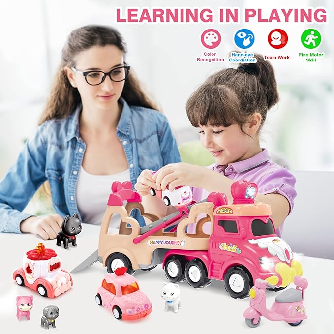 9 in 1 Carrier Truck Cars Toys - Pink Princess Girl Car with Light and Sound - Toddler Toys Age 1-4