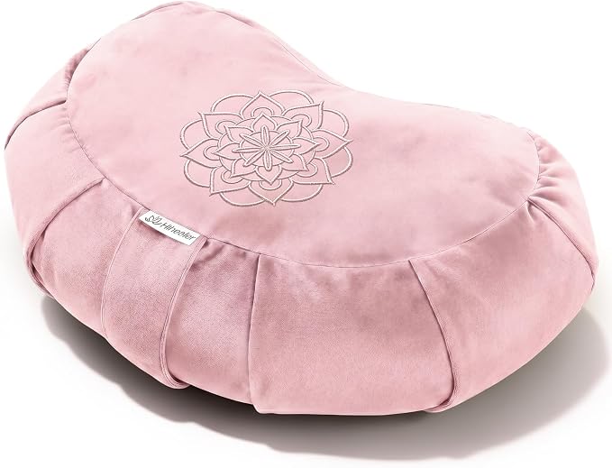 Hihealer Premium Crescent Meditation Cushion, Ergonomic Buckwheat Hull Floor Pillow for Adults, Comfortable Yoga Bolster for Meditation & Floor Sitting (Pink)
