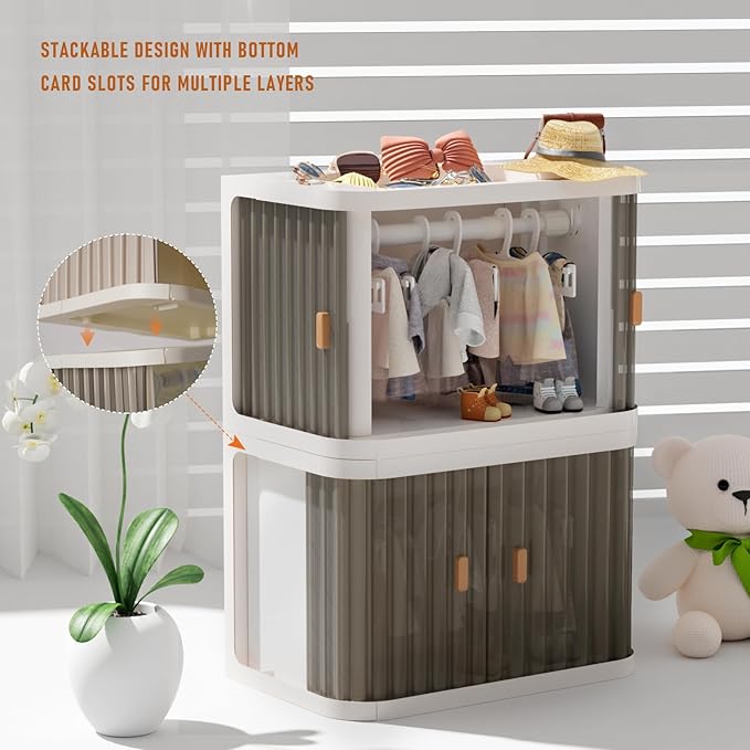Creproly Doll Wardrobe Storage Box, Foldable Doll Closet with 10 Hangers and Rod for 15/17cm Doll Clothes Stackable Organizer Cabinet with Dust-Resistant Cover and Display Shelf (Transparent Grey)