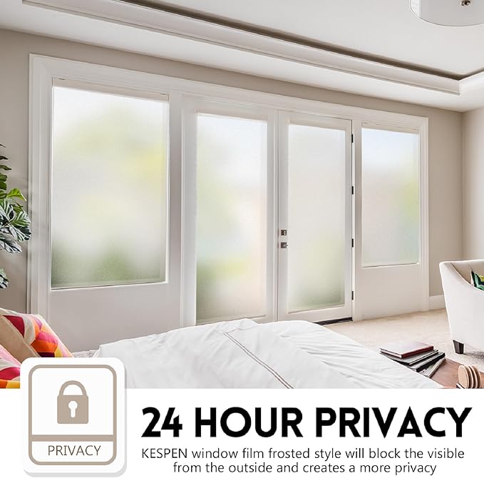 KESPEN Window Privacy Film Frosted Glass Heat Control UV Blocking Privacy Window Film for Glass Windows Static Cling Non-Adhesive Door Coverings Decals for Bathroom Home Office, 35.4 Inch X 6.5 Feet