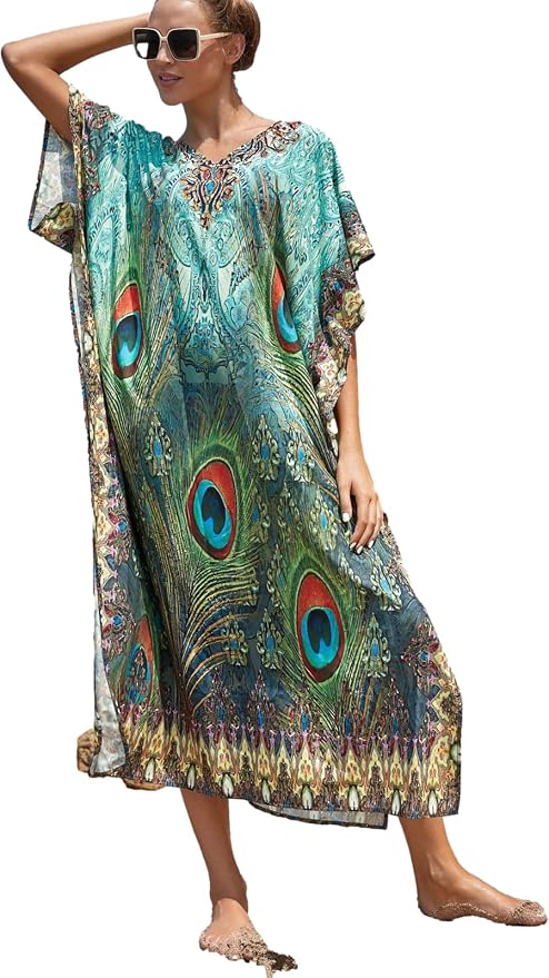 Venasha Womens Caftan Floral Print Kaftan Dress Short Sleeve Swimsuit Cover up Loungewear for Summer