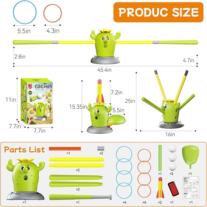 Cactus 4 in 1 Musical Jumping Toys, Toss Ring Game and Stomping Rocket Launcher for Kids Age 3-8, Baseball Sport Toy for Indoor & Outdoor Birthday Gifts for Toddler Boys & Girls (Cactus-C)