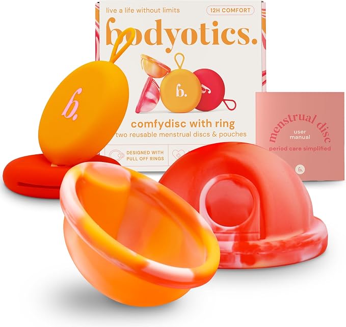 Bodyotics Menstrual Disc Reusable, 2-Pack Size S & L - Softer Than Menstrual Cups and Can Be Used Intimate Moments - Comfort-Fit Period Disc Set with 12 Hr Wear - 100% Medical Grade Silicone | Leak-Proof Alternative to Cups, Tampons & Pads for Light or...