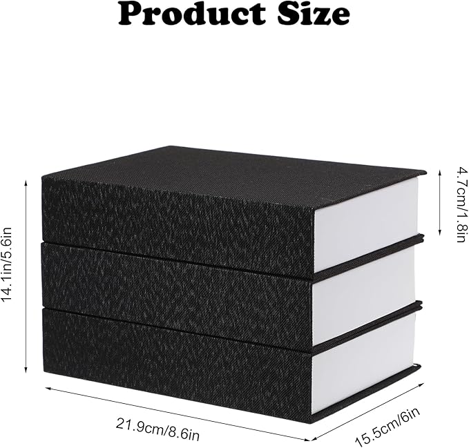 Tioncy 3 Pcs Decor Linen Faux Book Box Set Aesthetic DIY Fake Linen Book Box for Decor Storage Cafe Table Bookshelf Gift Home Keepsake(8.6 x 6.1 x 1.8 Inch,Black)