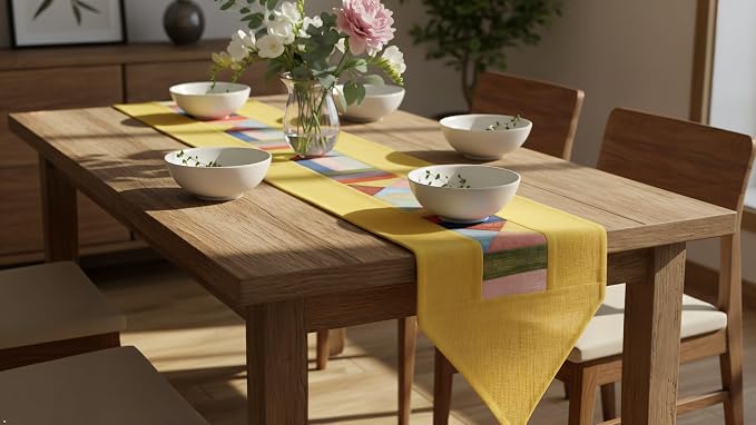 Korean Patchwork Table Runner – Traditional Bojagi Pattern, Lightweight Decorative Dining Table & Home Décor Accent for Living Room or Kitchen (Permanent Yellow) | Traditional Korean Textile 79 Inch Runner Natural Ramie Fabric Kitchen Table Decor Home ...