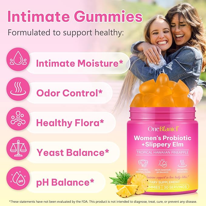 Feminine Probiotics Gummies for Women with Slippery Elm, Vaginal Probiotics for Women Gummies, Feminine Balance pH Gummies for Healthy Odor, Improve Immune,Support Vaginal Health -60 Pineapple Gummies