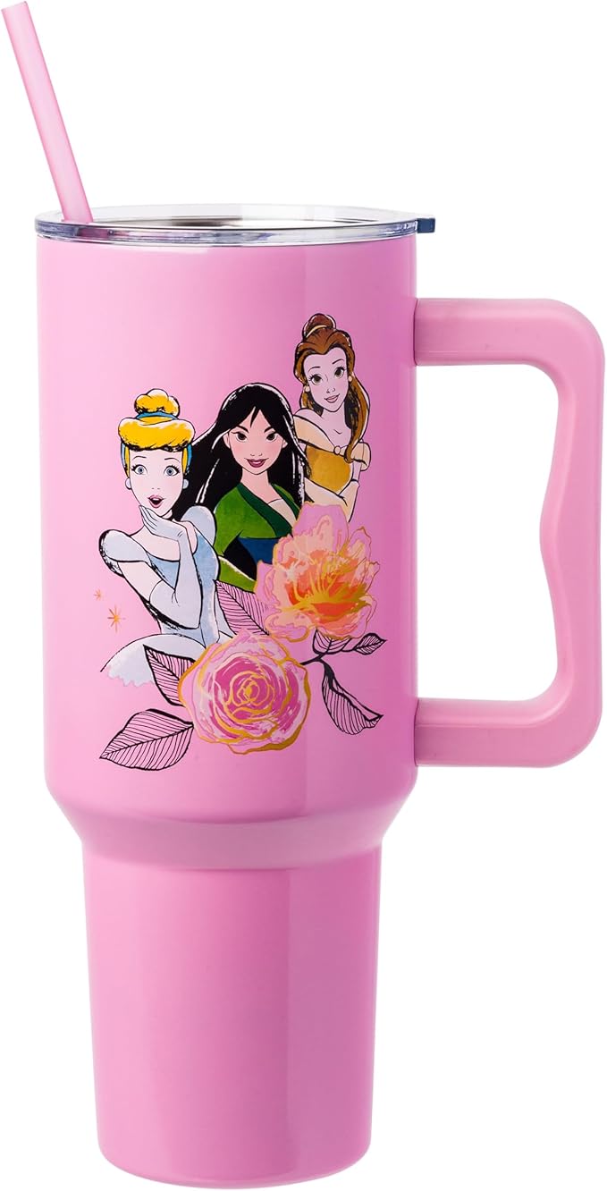 Silver Buffalo Disney Princess Featuring Cinderella, Mulan, Belle, Ariel, Tiana, and Jasmine Double Walled Stainless Steel Tumbler with Handle and Straw, Fits in Standard Cup Holder, 40 Ounces