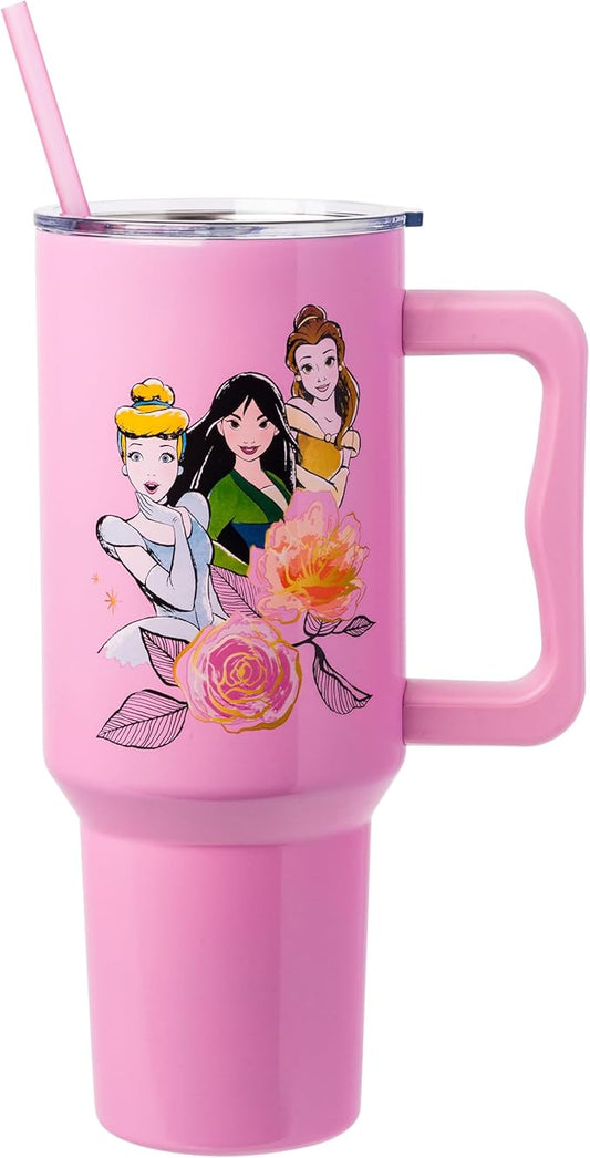 Silver Buffalo Disney Princess Featuring Cinderella, Mulan, Belle, Ariel, Tiana, and Jasmine Double Walled Stainless Steel Tumbler with Handle and Straw, Fits in Standard Cup Holder, 40 Ounces