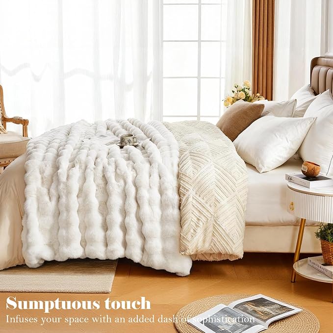 Faux Fur Queen Blanket for Couch, 1000 GSM Cozy Fuzzy Fluffy Soft Plush Thick Bubble Sherpa Blanket for Sofa Bedroom Living Room, Mothers Day Birthday Gifts for Women Home Decor