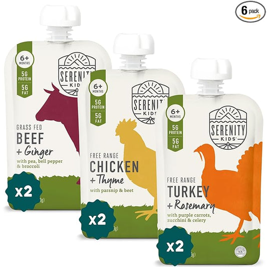 Serenity Kids 6+ Months Baby Food Pouches - Nutrient-Packed Organic Baby Food - Savory Meat & Herb Puree - Protein Pouches with 5g Protein for Toddler Snacks - 3.5 Oz, 6 Pack
