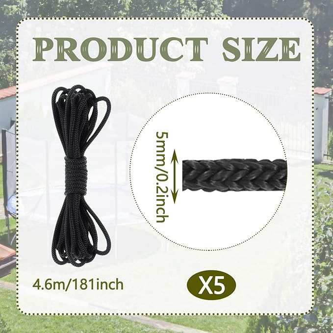 Fabbay 5 Pieces Trampoline Net Connection Rope 15 Feet/ 4.6 M Long, 5 mm/ 0.2 Inch Thick Braided Tie Down Rope Trampoline Replacement Parts Long Safety Trampoline Net Cords for Enclosure Nets, Black