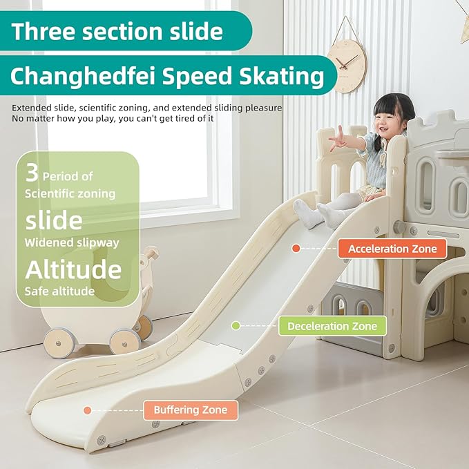 8 in 1 Toddler Slide, Castle-Themed Indoor Outdoor Playground for Toddlers Age 1+ with Extra-Long Slide, Basketball Hoop and Ball, Telescope, Tunnel, Storage Space, Baby Climber Playset, Grey